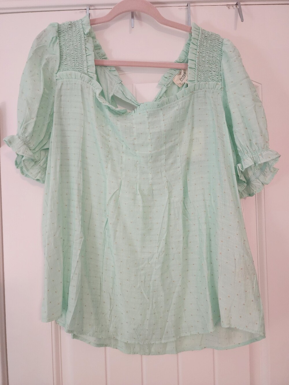 Perch Blu Pepper Mint Green Puff-Sleeve Smocked Square-Neck Tie Back Top 2X NWT